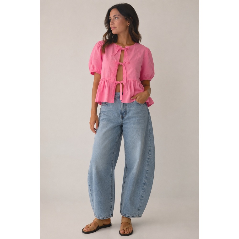 large Pink Babydoll top front Tie Puff Sleeve Peplum cottage preppy cotton